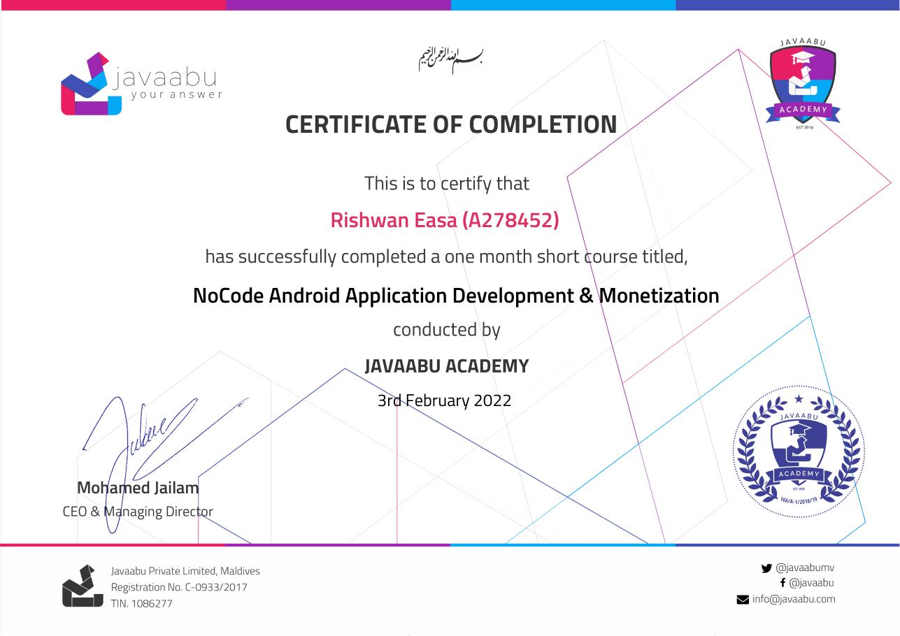NoCode Android Application Development & Monetization certificate from Javaabu Academy