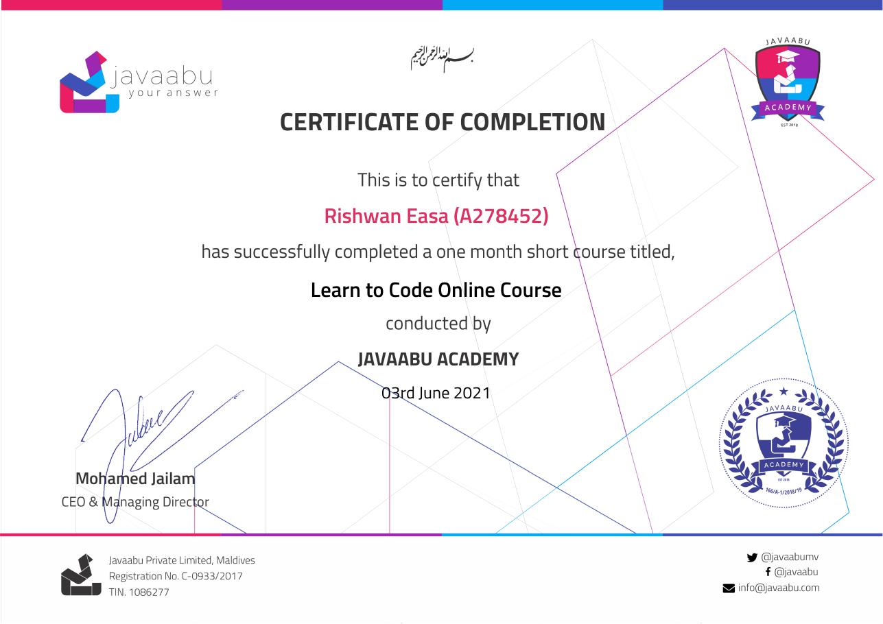 Learn to Code Online Course certificate from Javaabu Academy