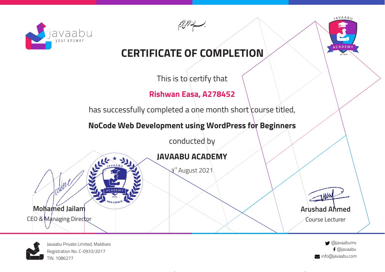 NoCode Web Development using WordPress for Beginners certificate from Javaabu Academy